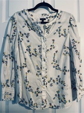 Talbots Off White Blouse with Blue and Brown Floral Print